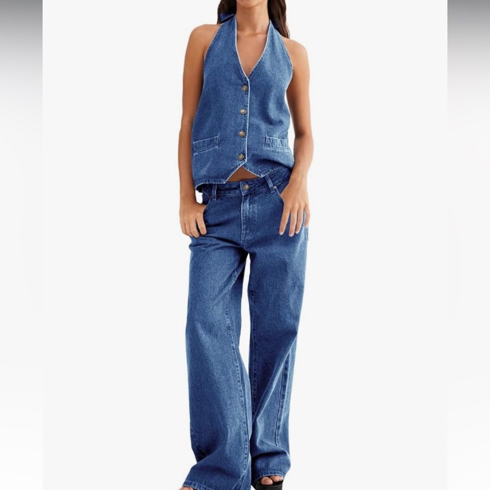 Fisoew Women's 2 Piece Denim Set Button Down Backless Wide Leg Jeans Outfit